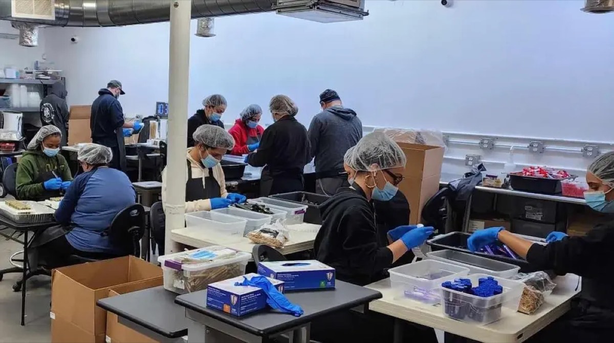 Team working at processing tables in a licensed facility