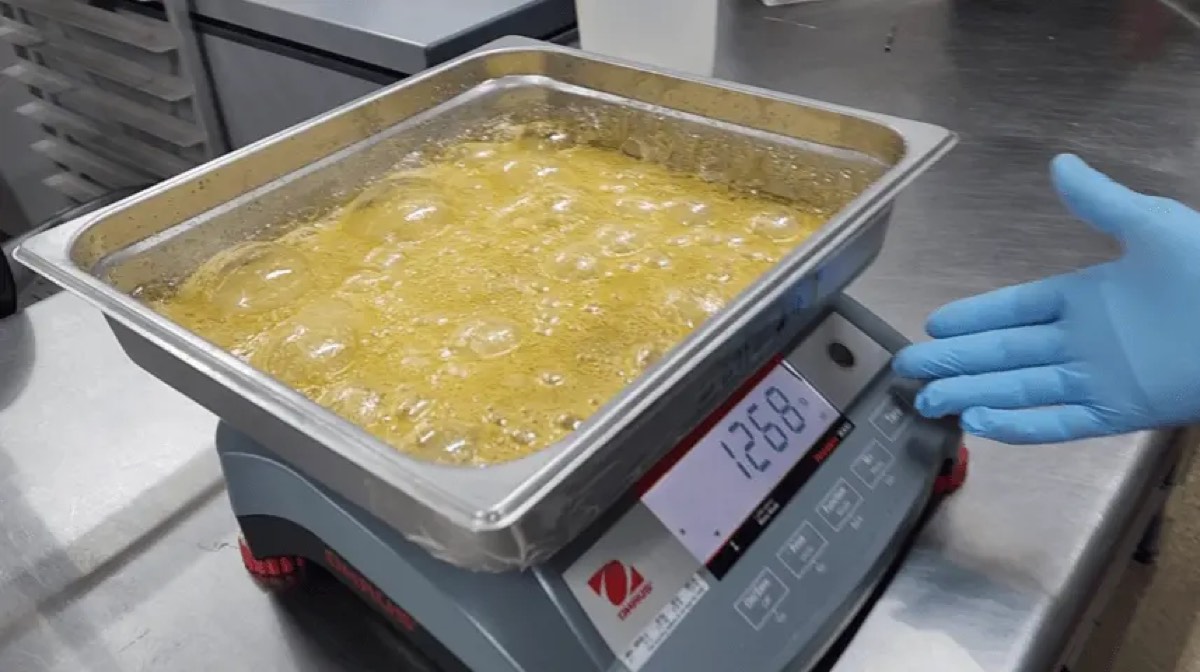 Concentrate tray handled with gloves during processing